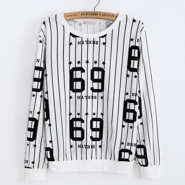 White Black Stripes 69 BRKLYN Long Sleeve Sweatshirts Tops