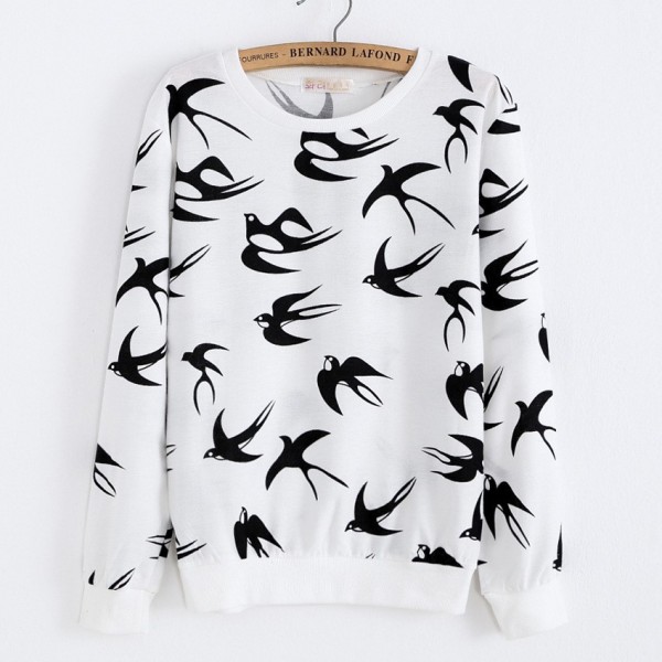 White Black Swallows Birds Cartoon Long Sleeve Sweatshirts Tops