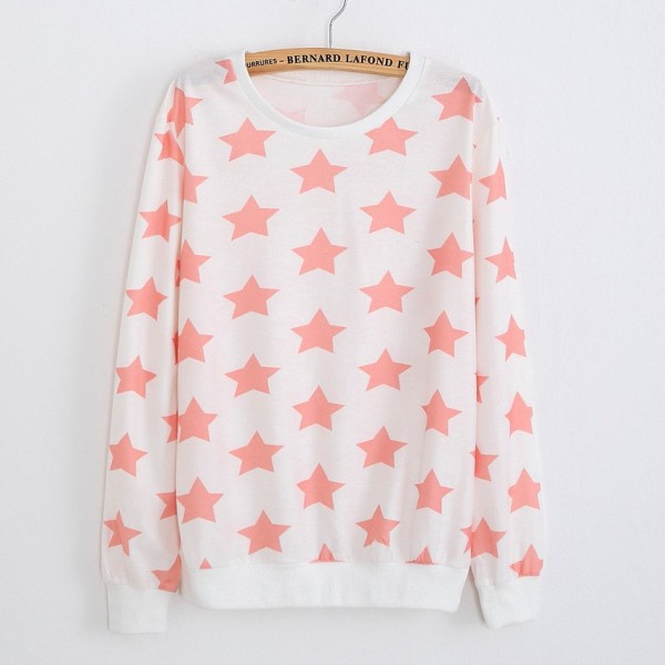 White Pink Stars Cartoon Long Sleeve Sweatshirts Tops