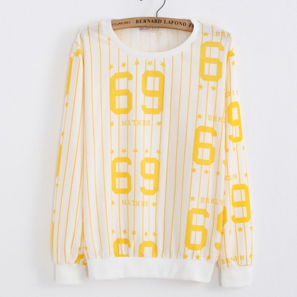 White Yellow Stripes 69 BRKLYN Long Sleeve Sweatshirts Tops
