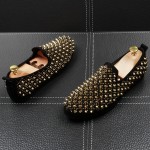 Black Gold Metal Spikes Punk Rock Mens Loafers Flats Shoes