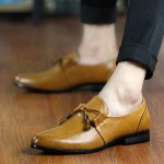 Yellow Bow Tassels Pointed Head Mens Loafers Dress Dapper Man Shoes Flats