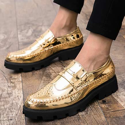 Gold Metallic Patent Leather Thick Sole Mens Oxfords Loafers Dress ...