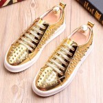 Gold Patent Croc Spikes Studs Lace Up Punk Rock Loafers Sneakers Mens Shoes