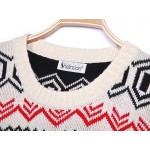 Beige Red Christmas Moose Deer Print Pullovers Sweater