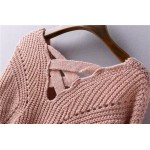 Pink V Neck Lace Hollow Knit Sweater