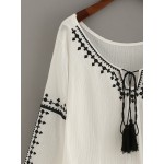 White Black Embroidery Tassel Tie Neck High Low Long Sleeves Shirt