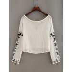 White Black Embroidery Tassel Tie Neck High Low Long Sleeves Shirt