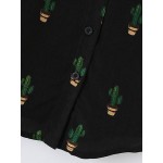 Black Short Sleeves Green Cactus Chiffon Blouse