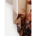 Brown White Florals V Neck Bat Wing Loose Fit Chiffon Shirt Blouse