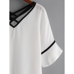 White Black Lines V Neck Bell Sleeve Shirt Top