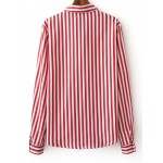 Red White Stripes Lapel Collar Buttons Up Long Sleeves Shirt Blouse