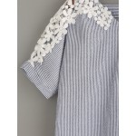 Blue Vertical Stripes Crochet Short Sleeves Shirt Blouse Top