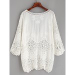 White Hollow Out Crochet Lace Embroidered Mid Sleeves Shirt Blouse