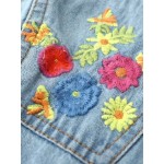 Blue Embroideried Colorful Flowers Jeans Denim Blouse