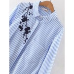 Blue White Stripes Flower Embroidery High Low Long Sleeves Blouse 