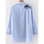Blue White Stripes Flower Embroidery High Low Long Sleeves Blouse 