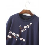 Navy Blue Flower Embroidery Long Sleeves Sweatshirt