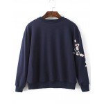 Navy Blue Flower Embroidery Long Sleeves Sweatshirt