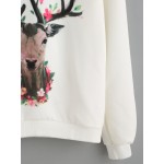 White Flowers Deer Print Long Sleeves Sweatshirt