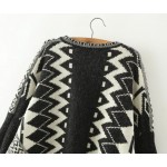 Black White Round Neck Geometric Print Tassel Sweater Cardigan
