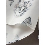 White Cat Print Cheveron Neck Long Sleeves Tunic Blouse