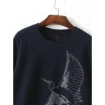 Blue Navy Eagle Embroidery Textured Quilted Long Sleeves Sweatshirt