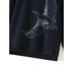 Blue Navy Eagle Embroidery Textured Quilted Long Sleeves Sweatshirt