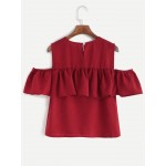 Burgundy Red Open Shoulder Sleeveless Ruffle Top Shirt