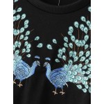 Black Blue Embroidered Peacocks Long Sleeves Sweatshirt