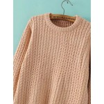 Pink Round Neck Long Sleeves Cable Winter Sweater