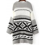 Grey White Tribal Vintage Pattern Long Sweater Winter Coat 