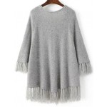 Grey V Neck Tassels Fringe Trim Oversized Long Winter Sweater