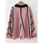 Pink Black Lines Striped Crew Neck Side Slit Coat Sweater