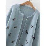 Blue Black Tiny Horses Embroidery Loose Cardigan Coat