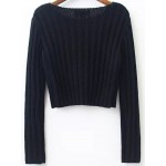 Black Ribbed Lines Round Neck Long Sleeves Sweater