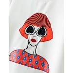 White Embroideried Sunglasses Girl Crew Neck Long Sleeves Sweatshirt