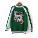Green White Crane Embroidery Bird Zipper Sweater Coat