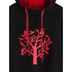 Black Red Tree Long Sleeves Drawstring Hooded Hoodie Sweatshirt