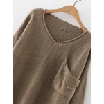 Khaki V Neck Pocket Ripped Long Sleeves Sweater