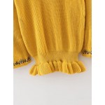 Yellow V Neck Knitted Embroidery Long Sleeves Peplum Sweater