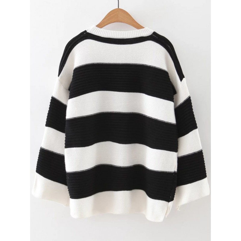 Black White Striped Lines Ribbed Zebra Sweater
