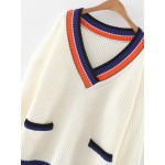 White Colorful Block V Neck Loose Pocket Sweater