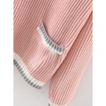 Pink Colorful Block V Neck Loose Pocket Sweater