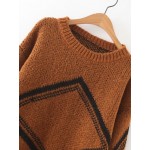 Brown Diamond Print Drop Shoulder Winter Sweater