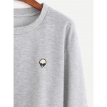 Grey Alien Embroidered Long Sleeves Cropped Sweatshirt