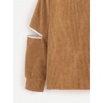 Brown Khaki V Neck Long Sleeves Corduroy Zippers Blouse Shirt
