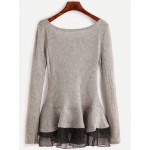 Grey Round Neck Chiffon Skirt Long Sleeves Sweater