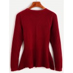 Red Burgundy Ribbed Round Neck Peplum Sweater
