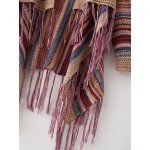 Brown Colorful Striped Detail Poncho Sweater